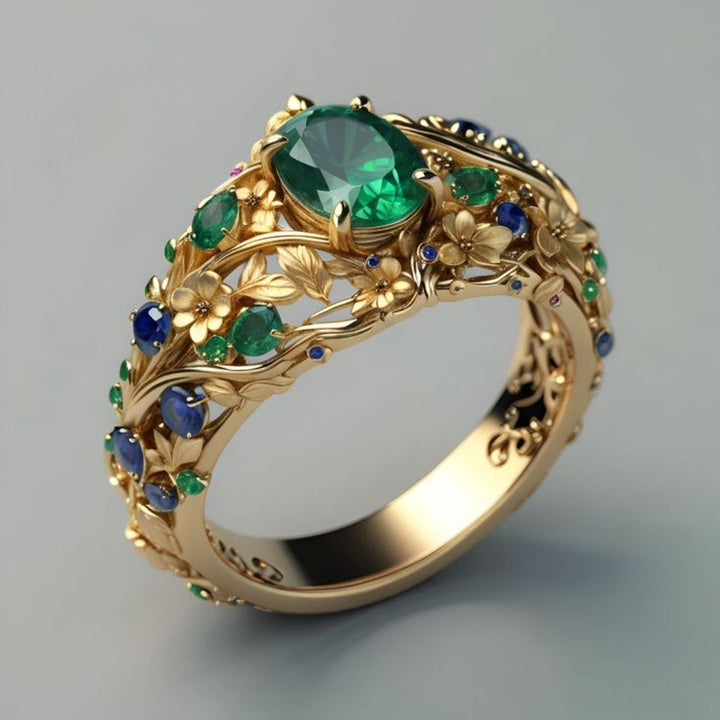 Margeret™ | Green & Blue Crystal Gold Ring