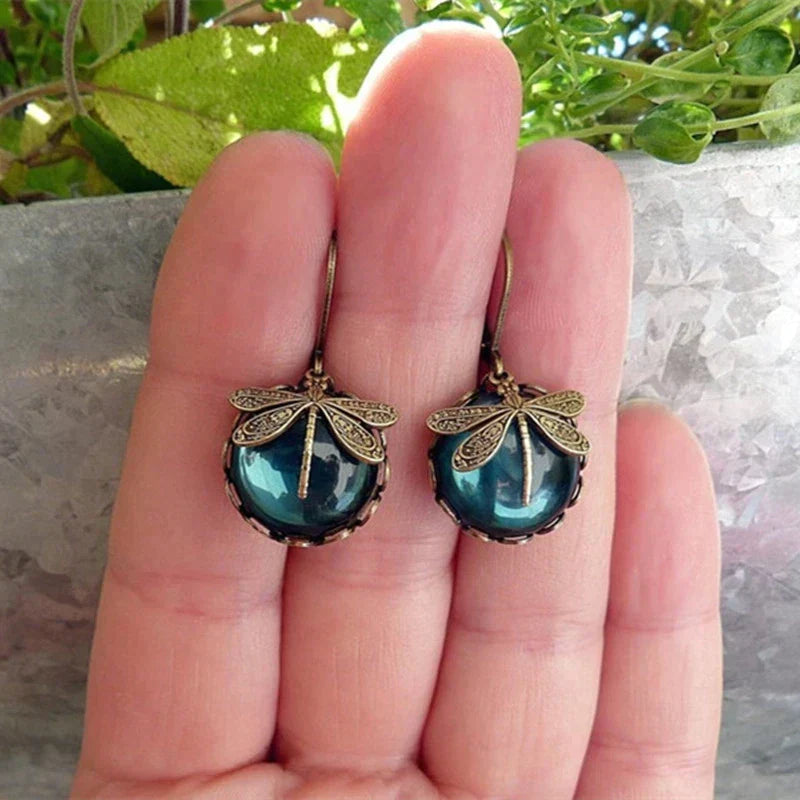 Margeret™ | Spherical Dragonfly Earrings in Antique Gold