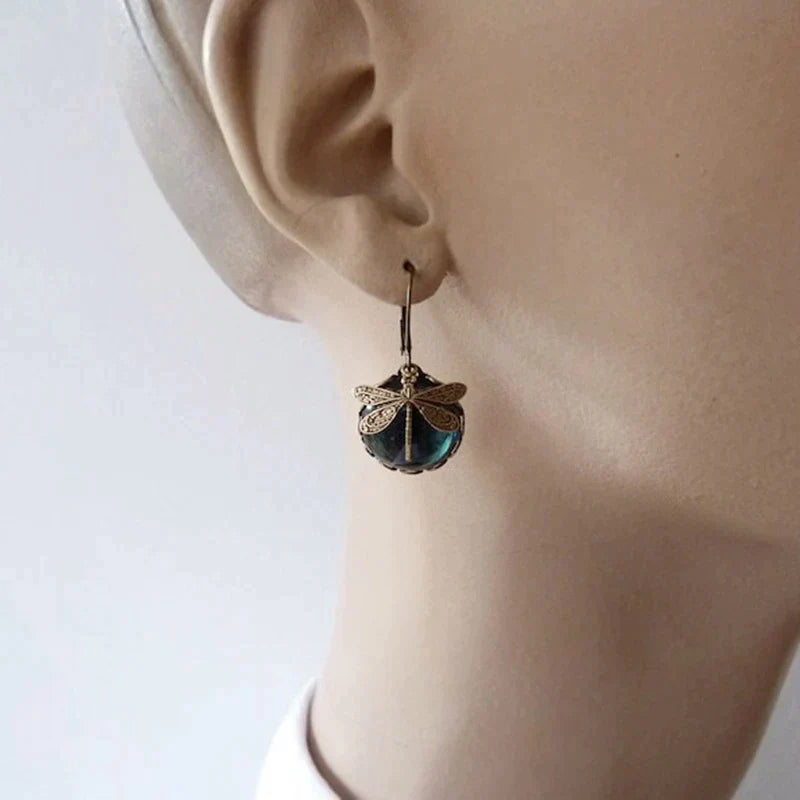 Margeret™ | Spherical Dragonfly Earrings in Antique Gold