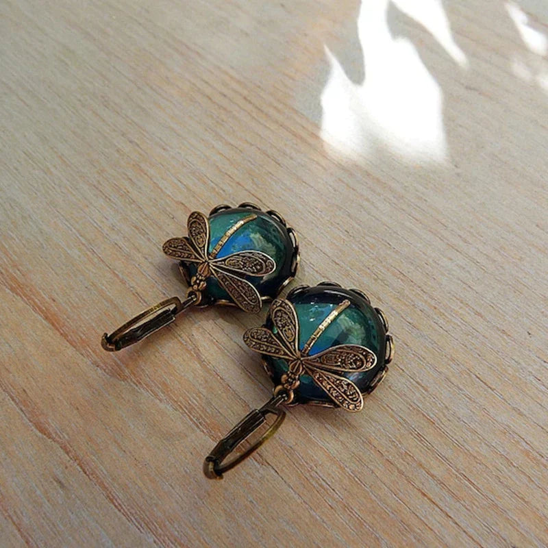 Margeret™ | Spherical Dragonfly Earrings in Antique Gold