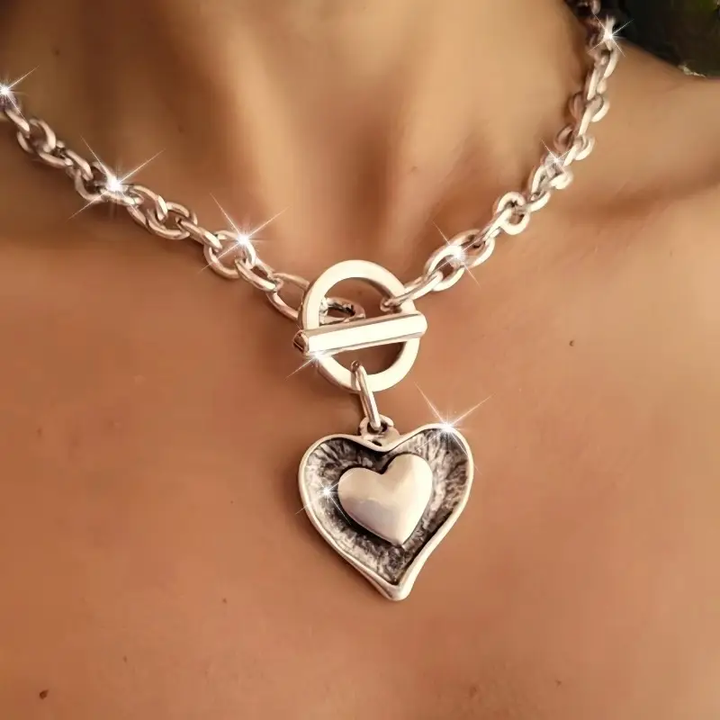 Margeret™ | Double Heart Silvered Chain Necklace